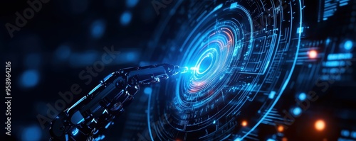 Futuristic robotic hand interacting with a glowing digital interface, symbolizing advanced technology and innovation.