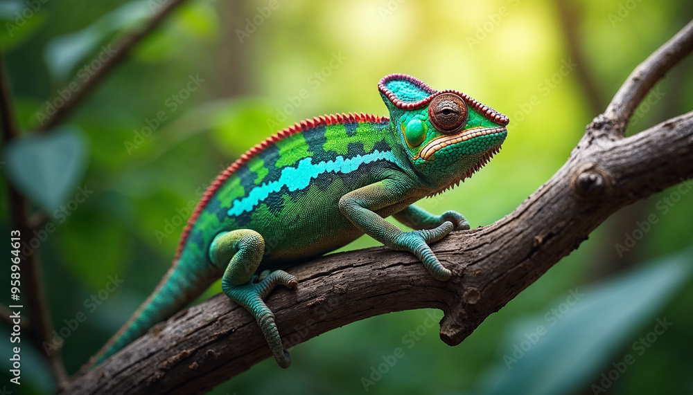 A colorful chameleon with vibrant green, blue, and red scales perched on a tree branch against a blurred green background A colorful chameleon with vibrant green, blue, and red scales perched on a tree branch against a blurred green background