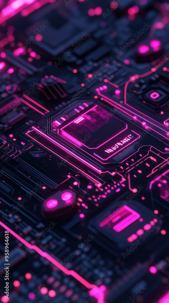 Fototapeta premium This mockup features a striking futuristic ticket flyer design with bright neon circuitry elements, perfect for tech or gaming events