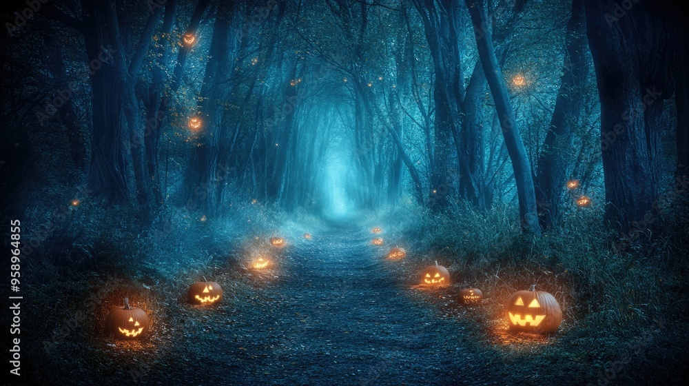 Enchanted Forest Trail at Night with Glowing Pumpkins and Ghostly Figures Amidst the Fog Enchanted Forest Trail at Night with Glowing Pumpkins and Ghostly Figures Amidst the Fog