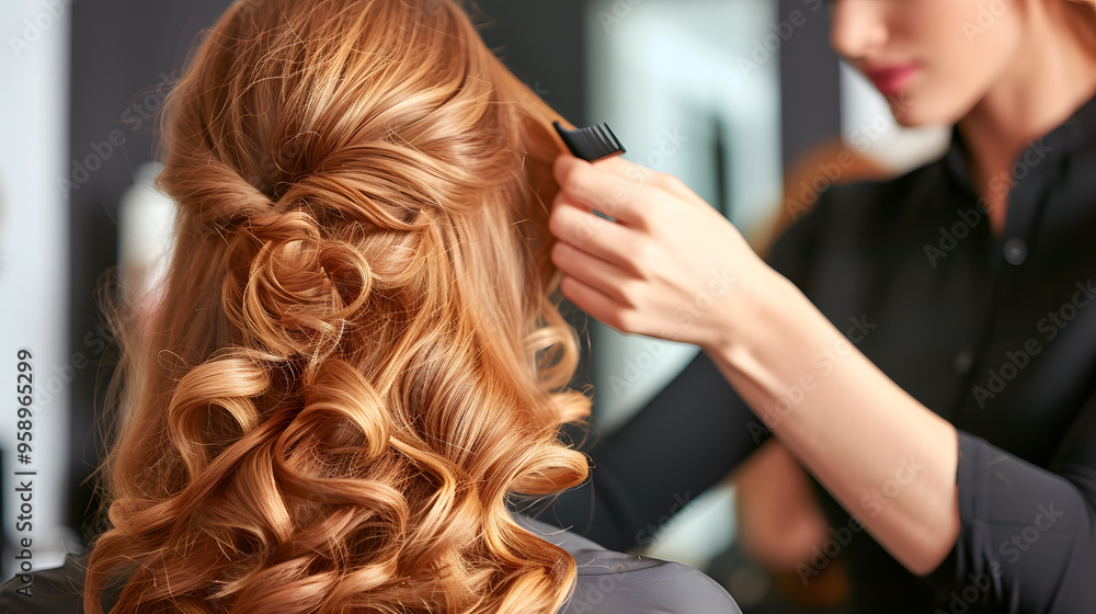 Fototapeta premium Hairdresser Styling Elegant Curls in a Salon