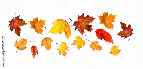 Assorted colorful autumn leaves in various sizes  isolated on white background