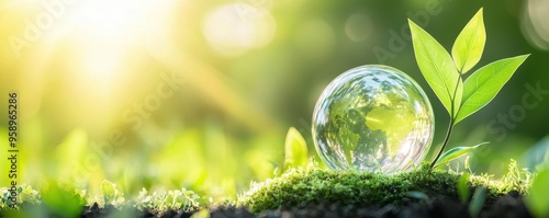 A crystal clear globe resting on lush green grass, symbolizing environmental sustainability and the beauty of nature.