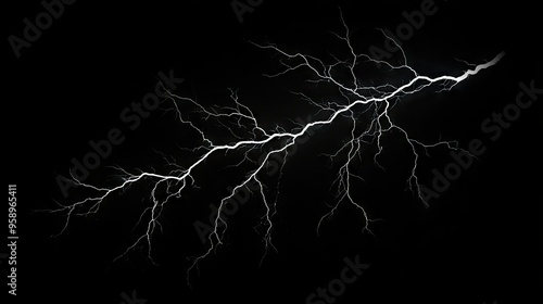 Stunning image of a lightning bolt with complex branches, isolated on a black background to emphasize the dramatic and striking features of the storm.