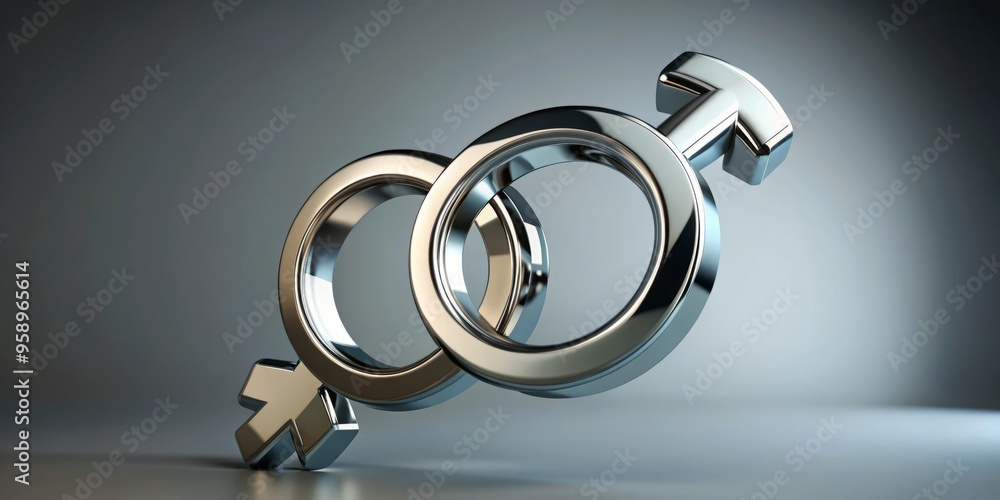 Interlocking male and female gender symbols, chromed and gleaming, suspended in mid-air against a muted grey Interlocking male and female gender symbols, chromed and gleaming, suspended in mid-air against a muted grey