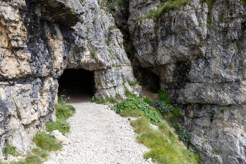 Hiking on Road of 52 Tunnels on the Pasubio massif in Veneto, Italy