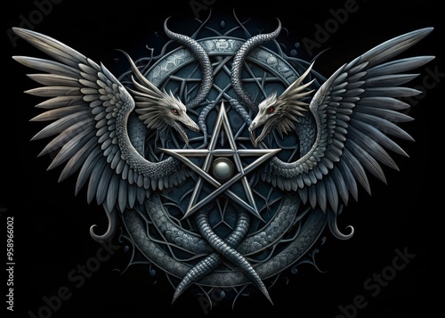 Intricately designed gothic-inspired illustration featuring a pair of wings, serpent, and inverted pentagram,