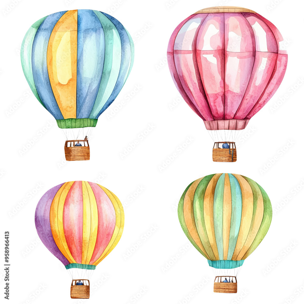 Fototapeta premium Colorful watercolor hot air balloons in various shapes, perfect for travel and adventure-themed projects.