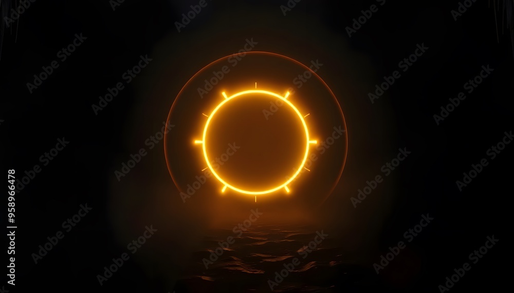 Futuristic scene with a neon red circle emitting light, surrounded by a dark, smoky atmosphere. Futuristic scene with a neon red circle emitting light, surrounded by a dark, smoky atmosphere.