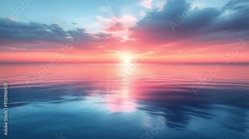 A breathtaking sunset over a calm ocean, the sky ablaze with pink and orange hues, casting a warm glow on the water.