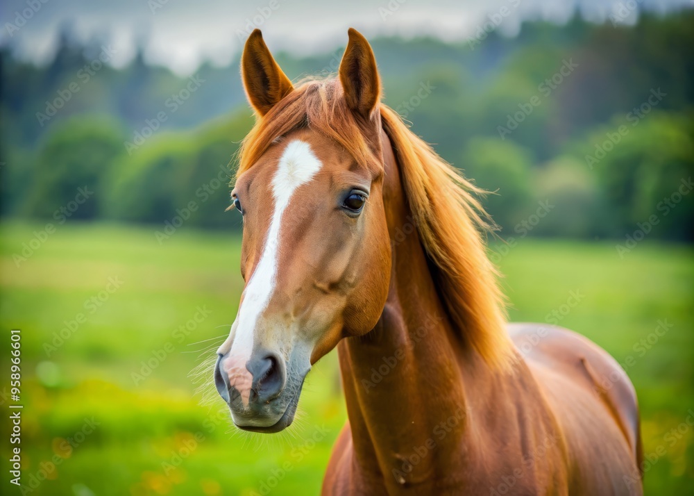 Naklejka premium Majestic chestnut horse's head with a relaxed expression, ears pricked, and a hint of curiosity, set against a