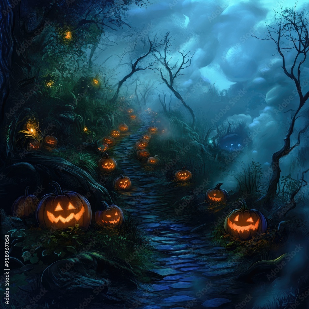 Enchanted Forest Trail at Night with Glowing Pumpkins and Ghostly Figures Amidst the Fog Enchanted Forest Trail at Night with Glowing Pumpkins and Ghostly Figures Amidst the Fog