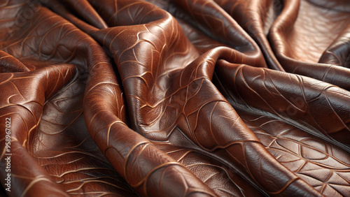 Rich textured brown leather, luxurious folds, sophisticated appearance, with copy space