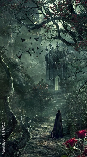 A lone figure walks towards a gothic archway in a mystical forest, surrounded by ravens and red flowers.