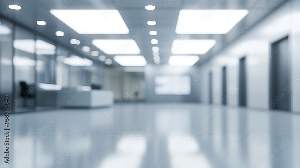 Obraz premium A modern, blurred office corridor with bright lighting and minimalistic design.