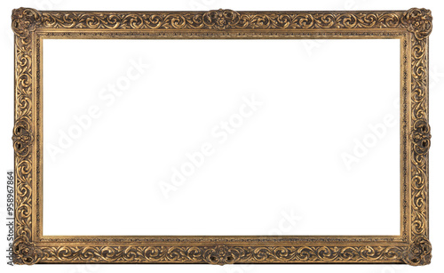 Golden wide picture frame on a transparent background, in PNG format.