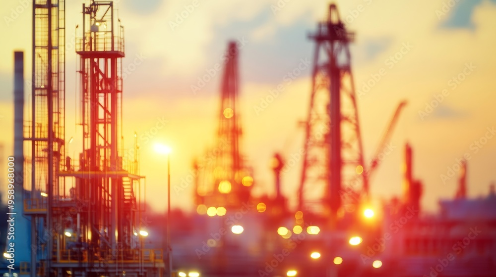 Obraz premium A blurred image of industrial structures at sunset, highlighting oil rigs and infrastructure in an industrial setting.