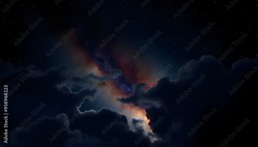 Obraz premium Starry night sky with a vibrant nebula cutting through the clouds.