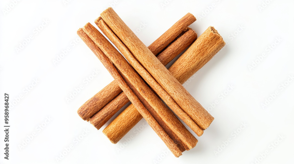 Cinnamon sticks isolated on a white background, top view. Close-up texture. Cinnamon sticks isolated on a white background, top view. Close-up texture.
