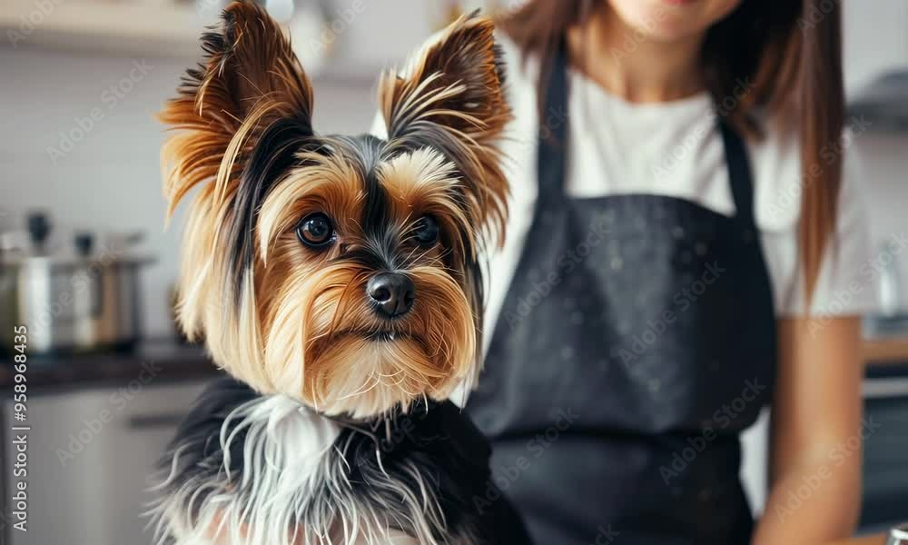 Yorkshire Terrier with owner in kitchen, focus on dog Yorkshire Terrier with owner in kitchen, focus on dog