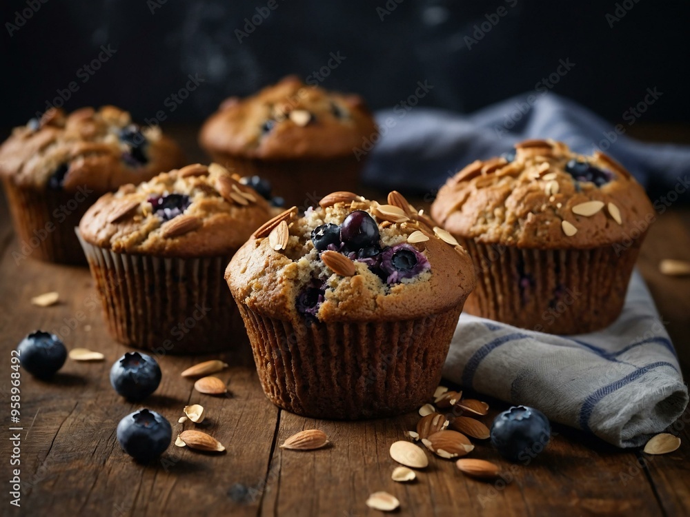 Golden buckwheat muffins bursting with blueberries and almond flavor, with ample space for text. Golden buckwheat muffins bursting with blueberries and almond flavor, with ample space for text.