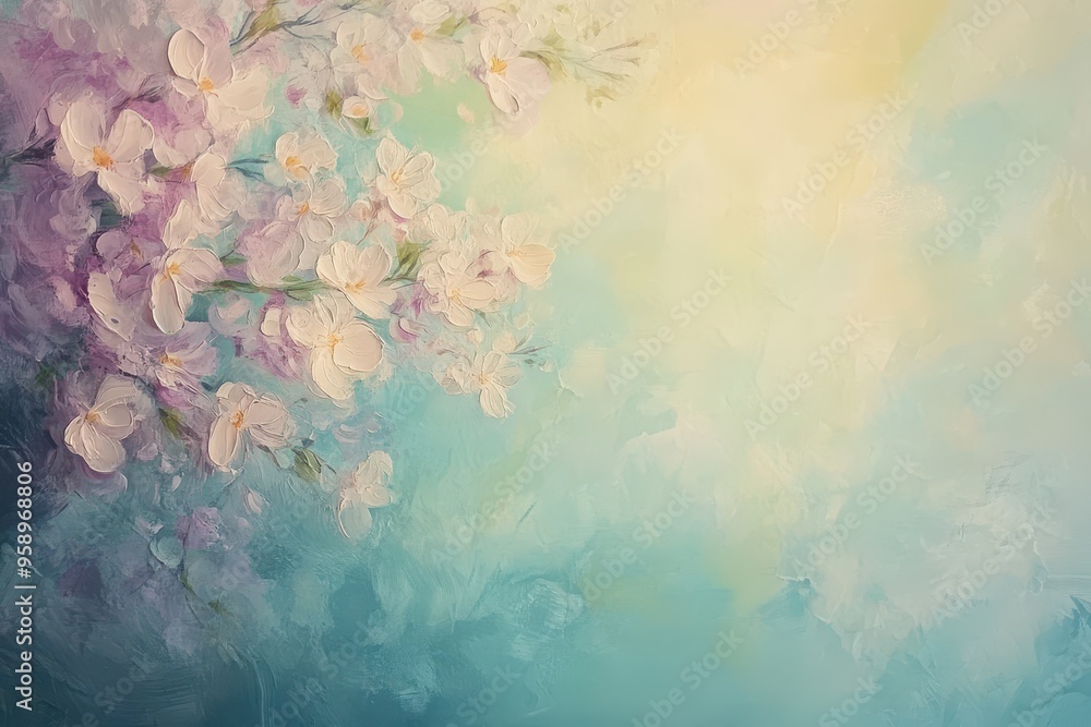 White Flowers Branching Out Against a Soft Blue and Yellow Background White Flowers Branching Out Against a Soft Blue and Yellow Background