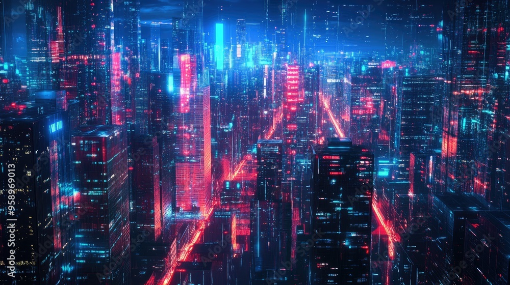 Urban architecture illuminated by neon lights with abstract digital effects, offering a panoramic view of a futuristic cityscape and technology. Urban architecture illuminated by neon lights with abstract digital effects, offering a panoramic view of a futuristic cityscape and technology.