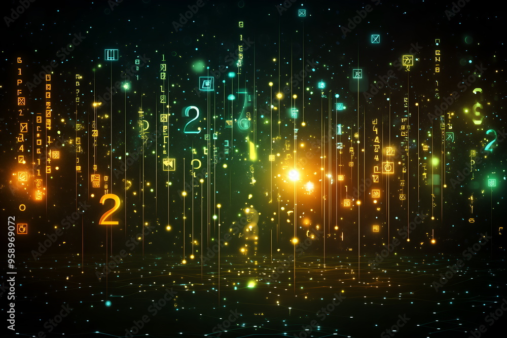 Fototapeta premium Abstract representation of probability and chance, flowing numbers and symbols, particle effects