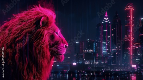 A neon pink glowing mane on a lion's head, offering a stark contrast against a sleek, modern cityscape at night. photo