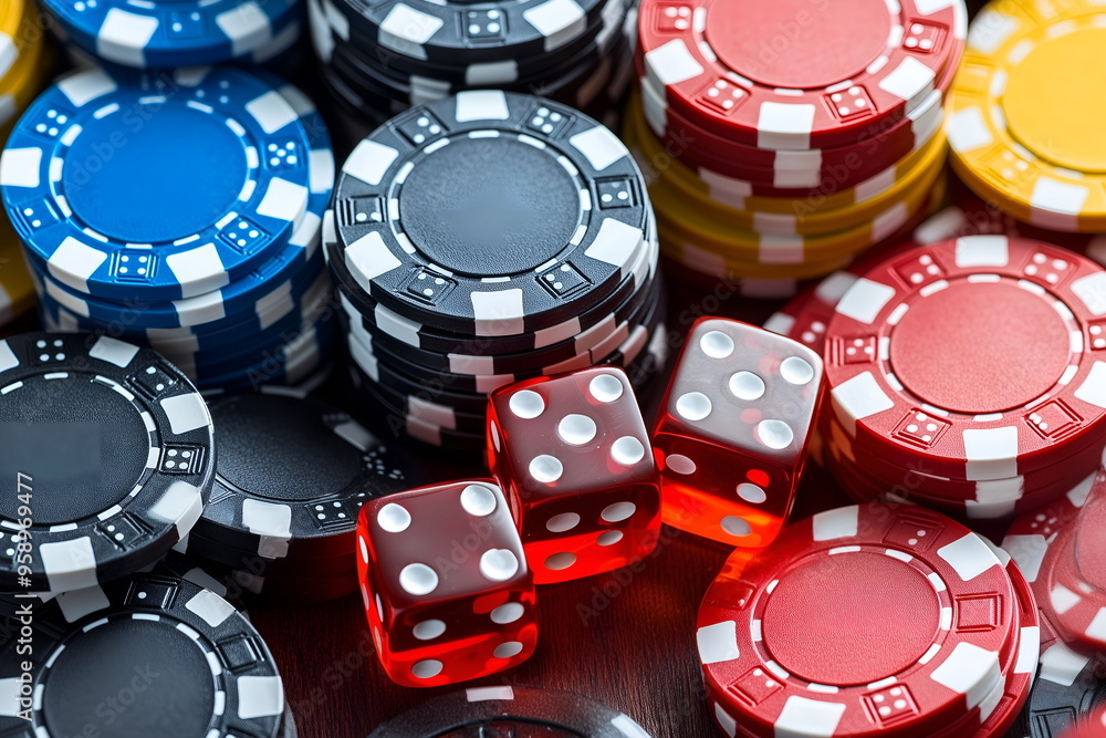 Macro shot of colorful casino chips stacked precariously, casino gambling banner Macro shot of colorful casino chips stacked precariously, casino gambling banner