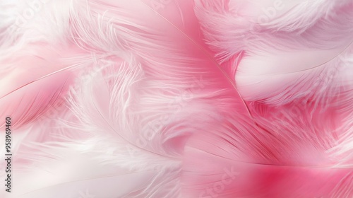 A beautiful abstract design featuring white and pink feathers against a black background. The soft texture of white feathers is layered over a pink pattern and background, with additional pink feather