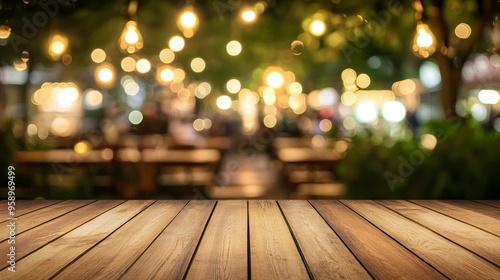 A blurred outdoor setting with warm lights and wooden table in the foreground, creating a cozy atmosphere.