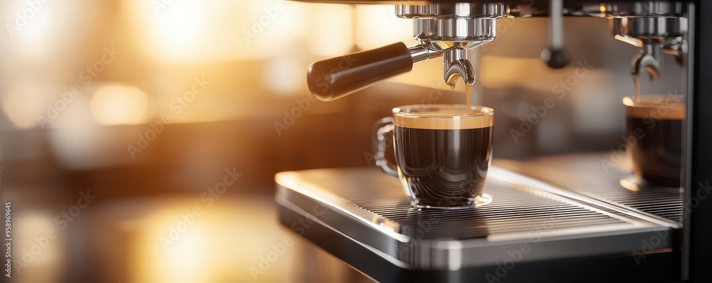 A close-up of a fresh espresso shot being brewed in a coffee machine, capturing rich colors and warm ambiance. A close-up of a fresh espresso shot being brewed in a coffee machine, capturing rich colors and warm ambiance.