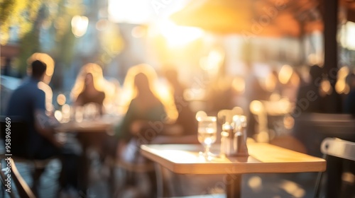 A blurred outdoor cafe scene with people enjoying drinks in the sunlight.