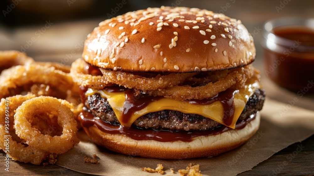 A cheeseburger with a sesame seed bun, melted cheese, and BBQ sauce, with a side of crispy onion rings. A cheeseburger with a sesame seed bun, melted cheese, and BBQ sauce, with a side of crispy onion rings.