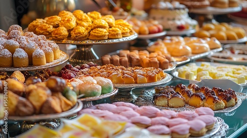 An assortment of decorative desserts displayed on a buffet table during Ramadan. photo