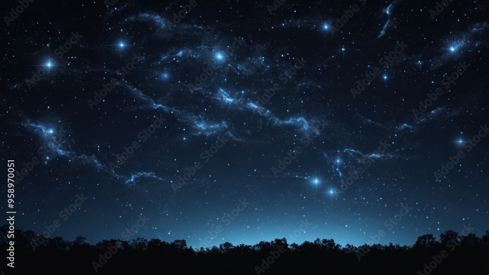 Fototapeta premium Blue night sky glowing over dark forest silhouette