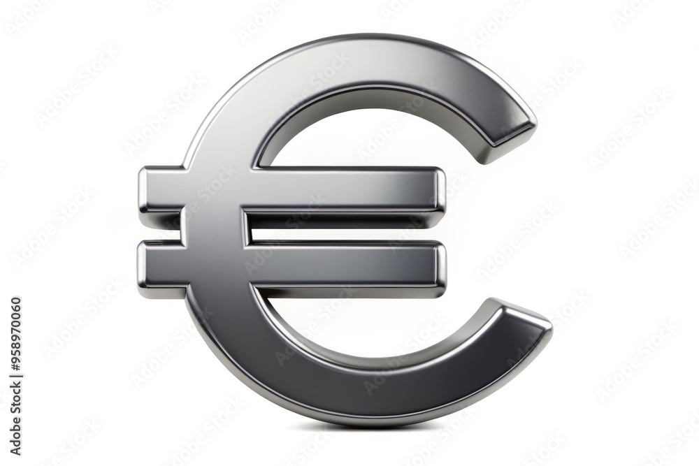 Shiny metallic euro symbol icon on a white background, featuring a bold and modern design with clean lines,