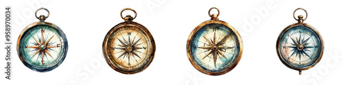 Four vintage compasses showcasing intricate designs and colors, perfect for travel themes and nautical illustrations.