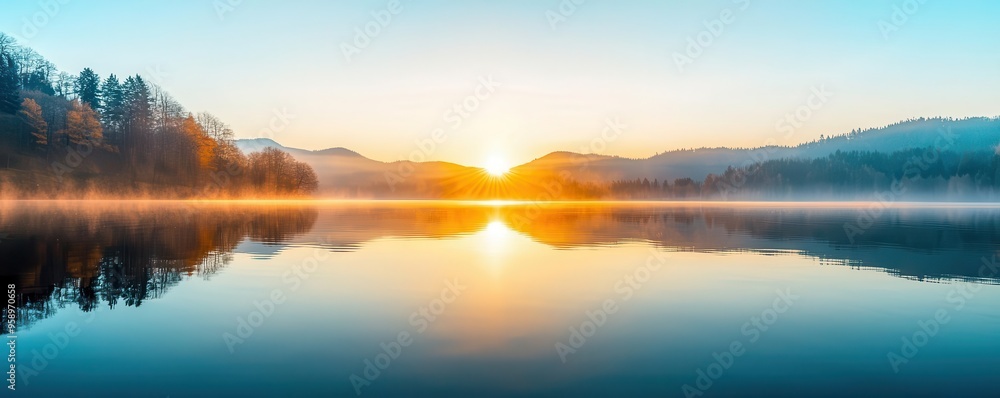 A serene sunrise over a tranquil lake, reflecting stunning colors and surrounded by peaceful mountains and lush trees.