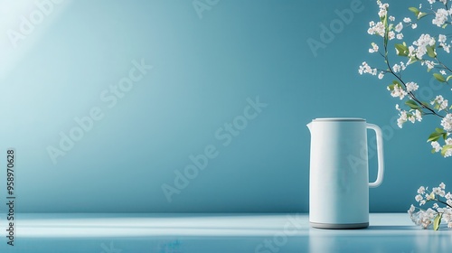 A serene scene featuring a white pitcher next to delicate flowers against a soothing blue background, ideal for home decor themes. photo