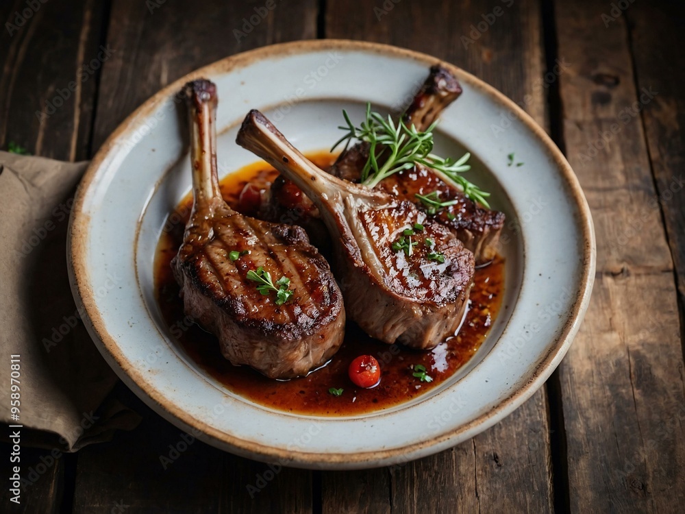Juicy, tender lamb chops served on a rustic wooden table. Juicy, tender lamb chops served on a rustic wooden table.