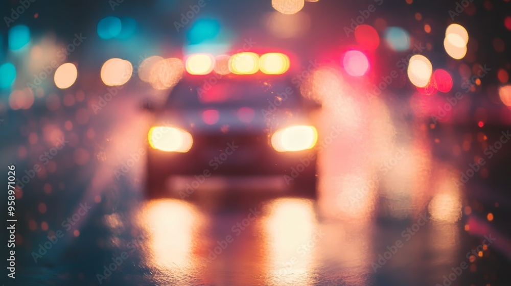 A blurred image of a police car with flashing lights in a rainy urban setting. A blurred image of a police car with flashing lights in a rainy urban setting.