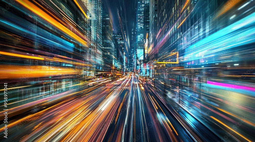 Vibrant light trails in motion over a city background, creating an abstract, high-energy effect with a touch of modernity. Vibrant light trails in motion over a city background, creating an abstract, high-energy effect with a touch of modernity.