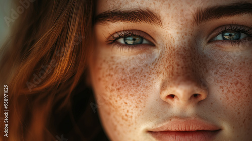 Close-Up Portrait of a Woman With Freckles and Soft Lighting in a Calm Indoor Setting