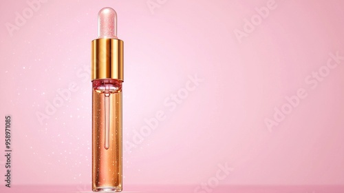 Radiant Glow: Captivating Cosmetic Serum Bottle Showcased on Soft Pink Background with Subtle Sparkles Enhancing Its Charm photo