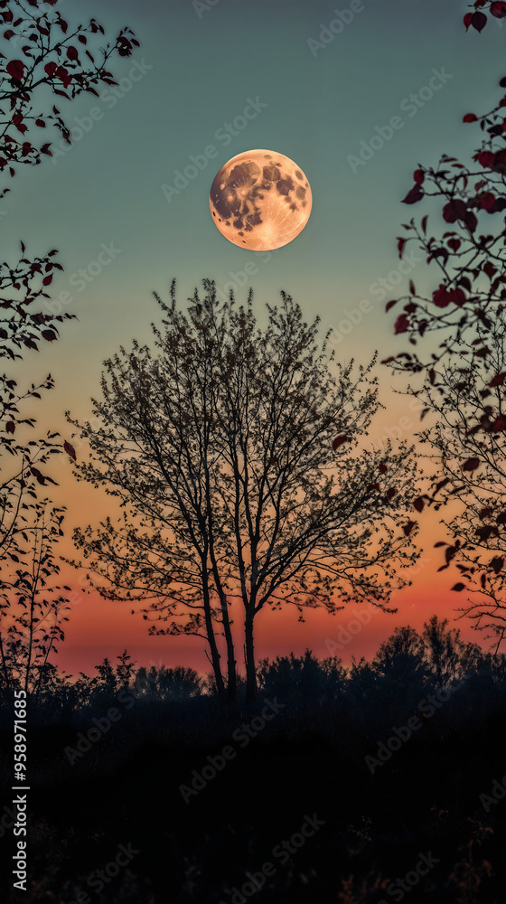 Full moon rising over silhouette of tree at dusk, magical evening sky Full moon rising over silhouette of tree at dusk, magical evening sky
