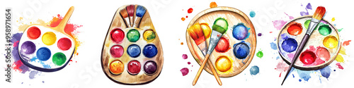 Vibrant collection of paint palettes and brushes, showcasing artistic creativity and colorful inspirations for painting enthusiasts.