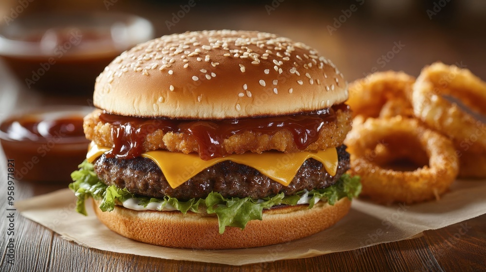 A cheeseburger with a sesame seed bun, melted cheese, and BBQ sauce, with a side of crispy onion rings. A cheeseburger with a sesame seed bun, melted cheese, and BBQ sauce, with a side of crispy onion rings.