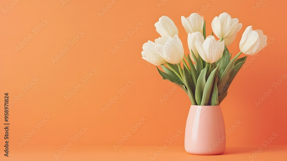 White tulips in orange vase, A bouquet of elegant white tulips arranged in a textured orange vase against a warm orange background, conveying a sense of freshness and warmth. White tulips in orange vase, A bouquet of elegant white tulips arranged in a textured orange vase against a warm orange background, conveying a sense of freshness and warmth.